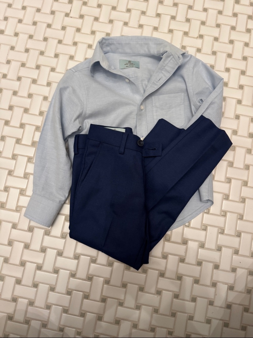 Boys Light Blue Shirt and Navy Pants Matching Set